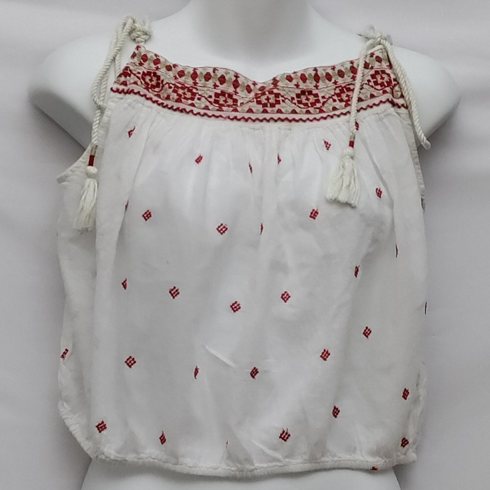 Free People White and Red Embroidered Crop Top